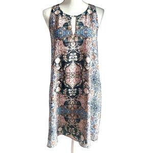 Lavender Brown 100% Silk Pink Blue Print Sleeveless Keyhole Neck Dress Size L